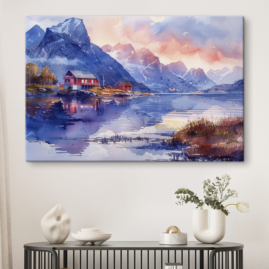 Watercolor painting of a house on a hill next to a lake