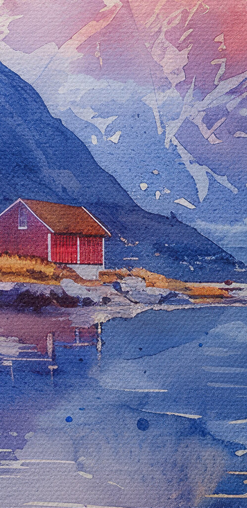 Watercolor painting of a house on a hill next to a lake