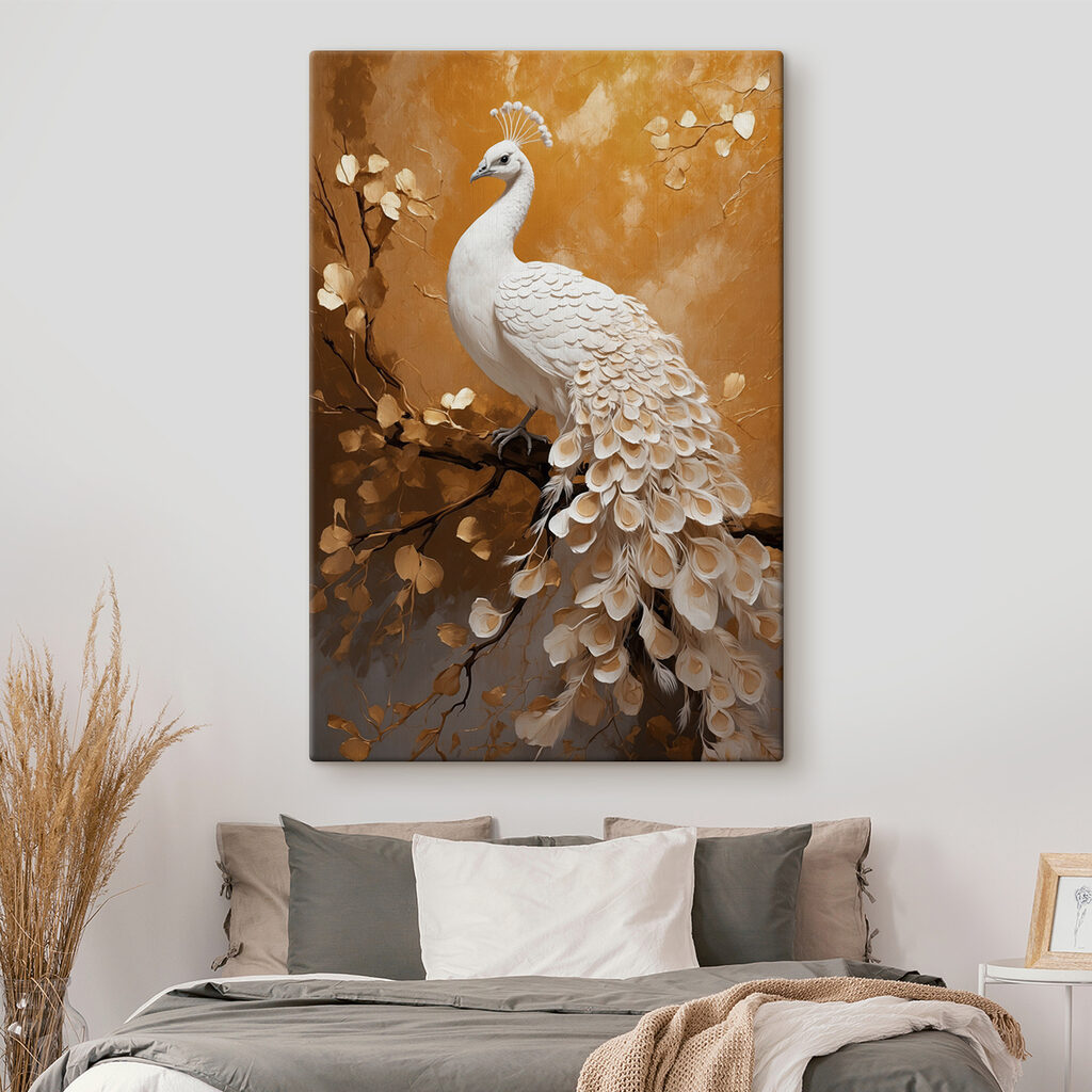 White peacock with feathers on a branch