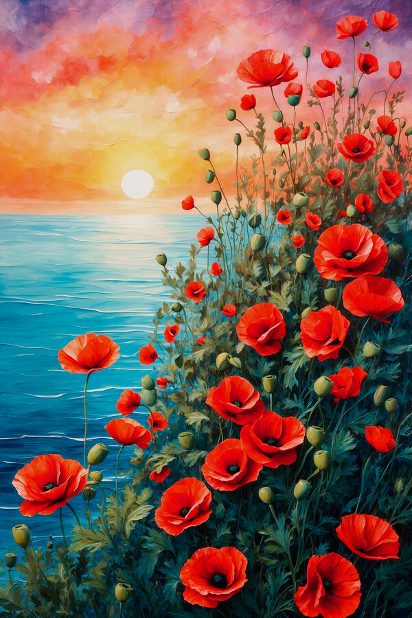 Painting of red flowers and water