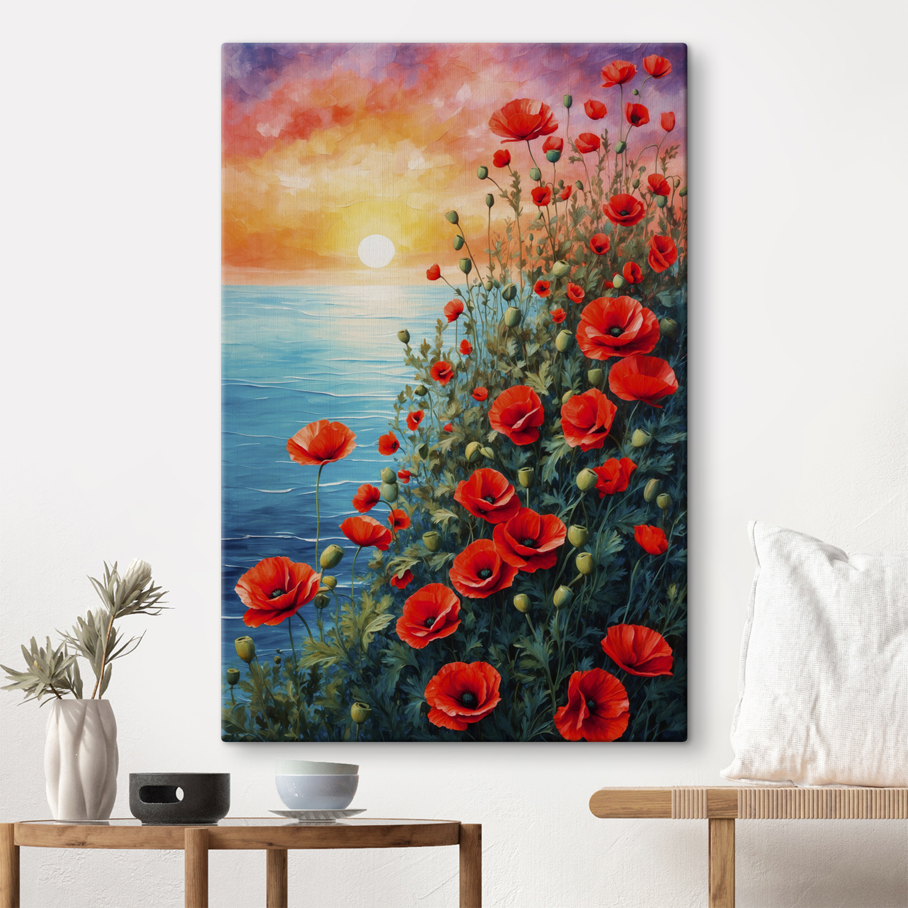 Painting of red flowers and water
