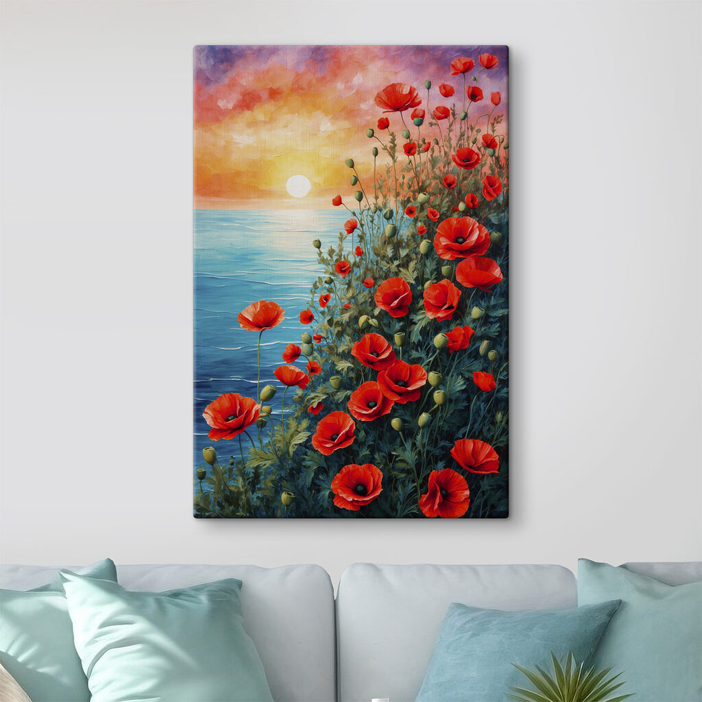 Painting of red flowers and water