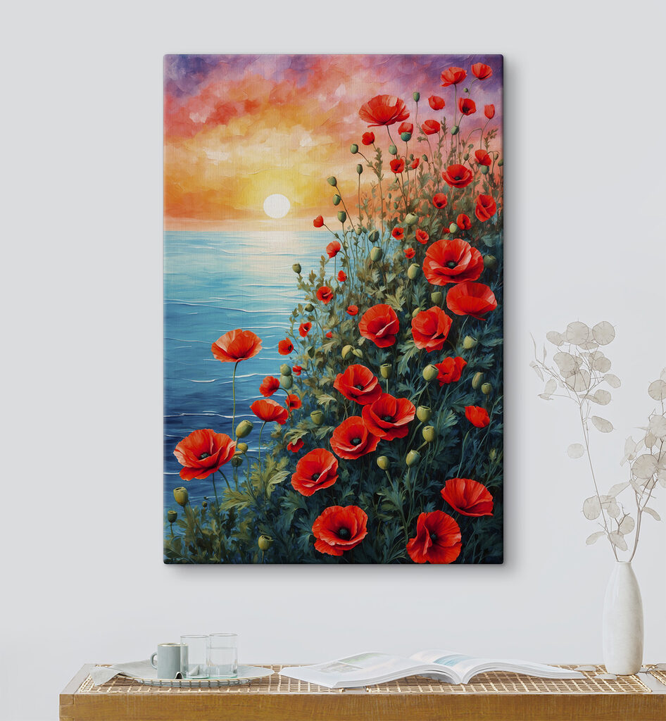 Painting of red flowers and water