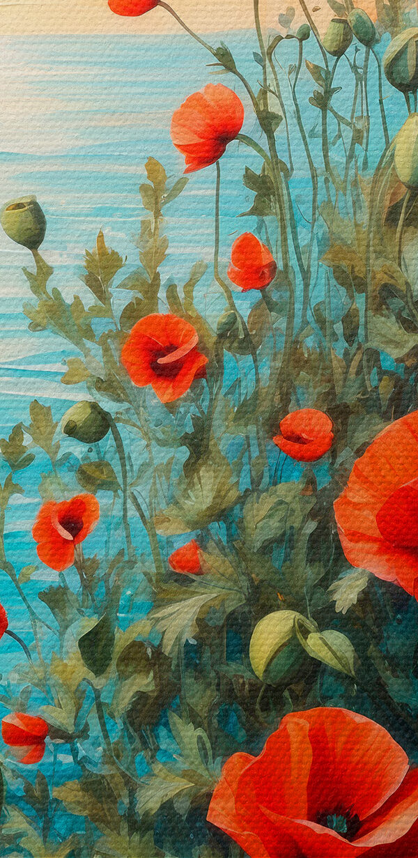 Painting of red flowers and water