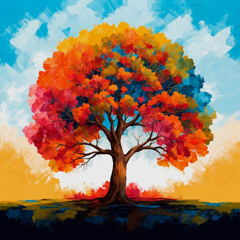Painting of a tree with colorful leaves