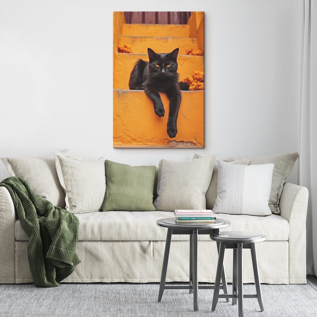 Black cat lying on a staircase