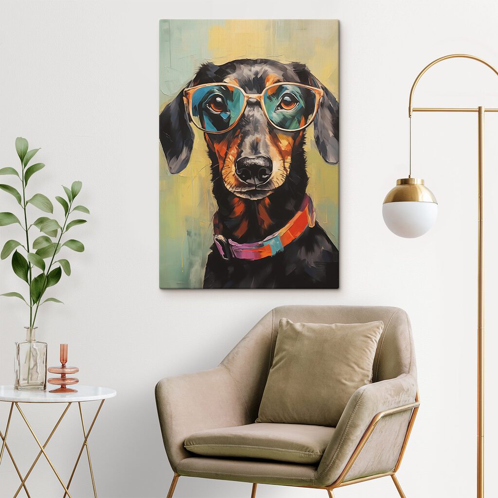 Painting of a dog wearing glasses Painting of a dog wearing glasses