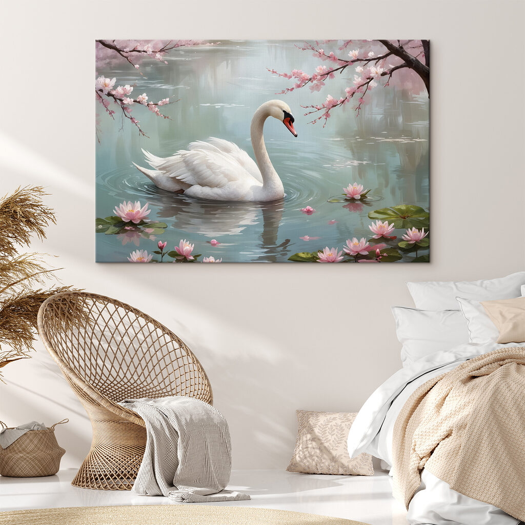 White swan in water with pink flowers White swan in water with pink flowers
