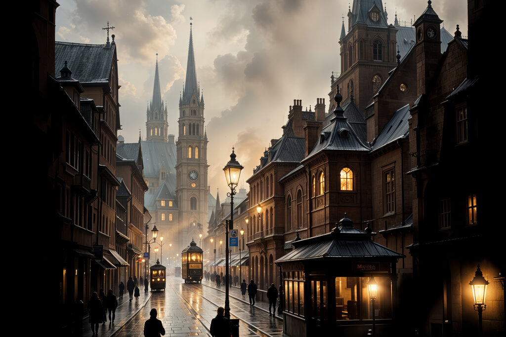 Street with buildings and a train on it Street with buildings and a train on it