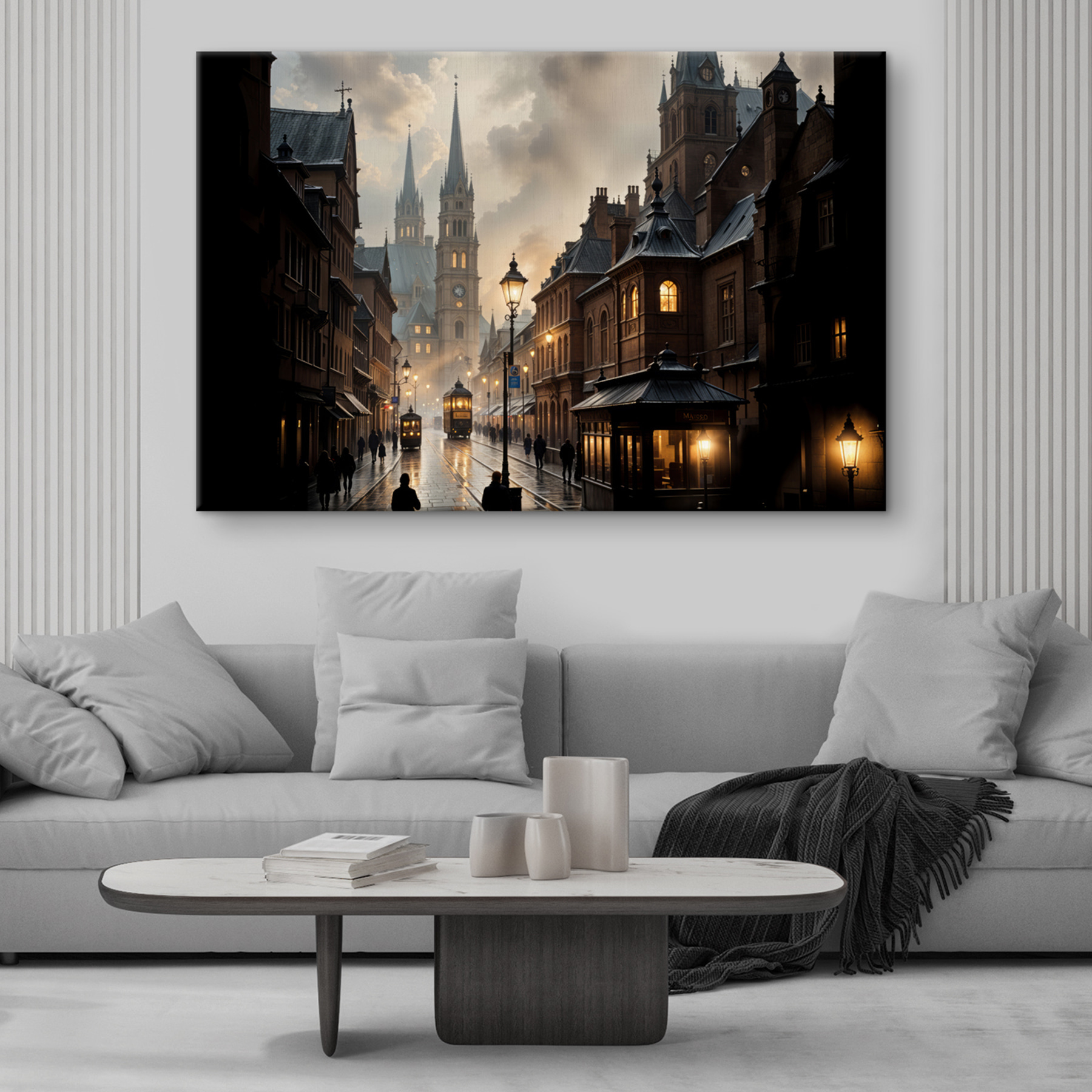 Street with buildings and a train on it Street with buildings and a train on it