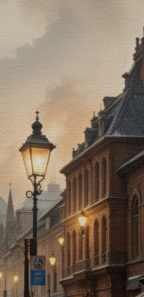 Street with buildings and a train on it Street with buildings and a train on it