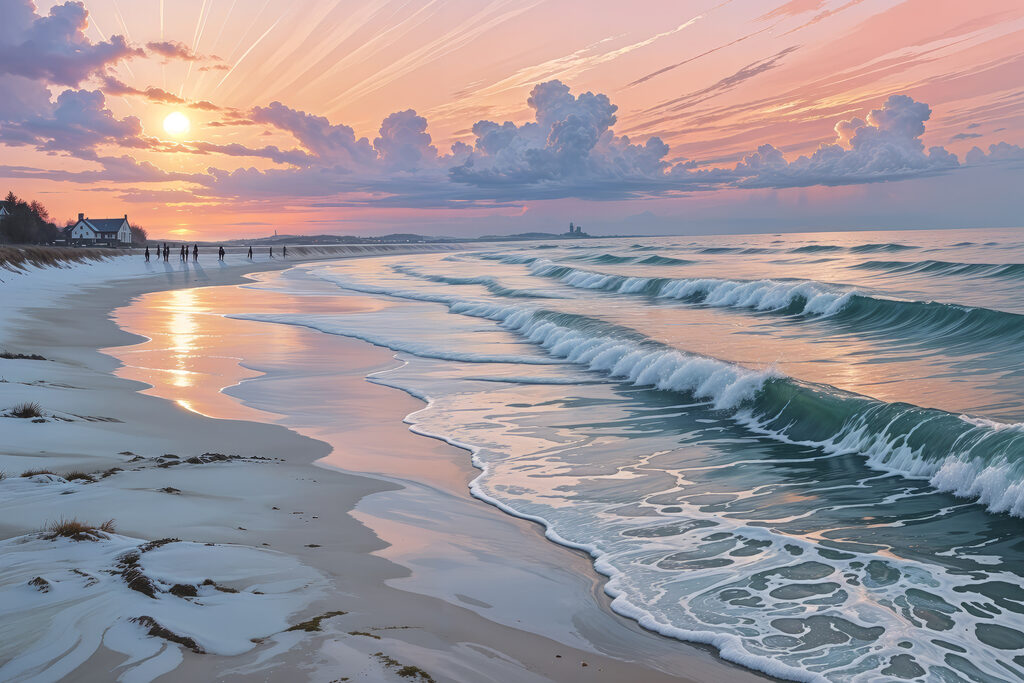 Beach with waves and people on it