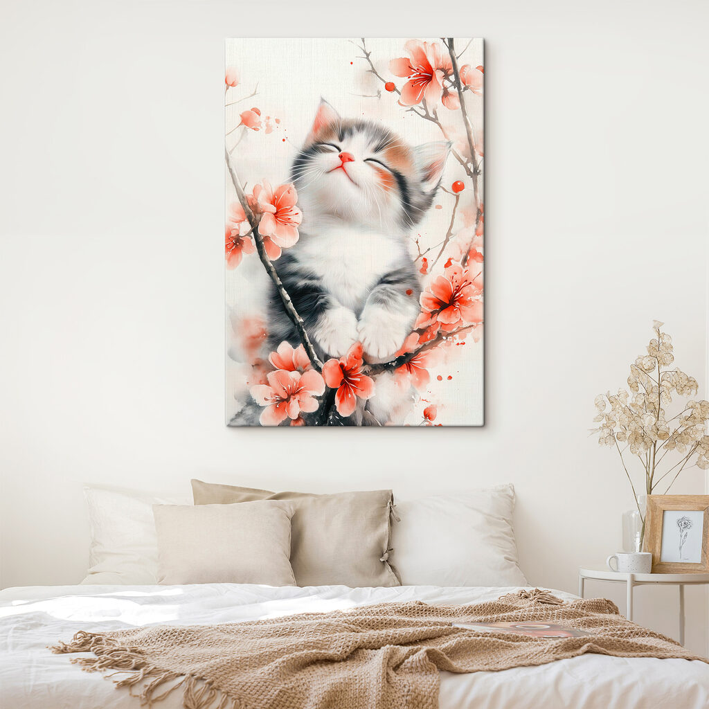 Cat sitting on a tree with flowers Cat sitting on a tree with flowers