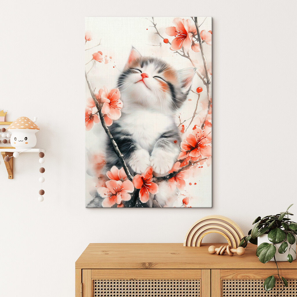 Cat sitting on a tree with flowers Cat sitting on a tree with flowers