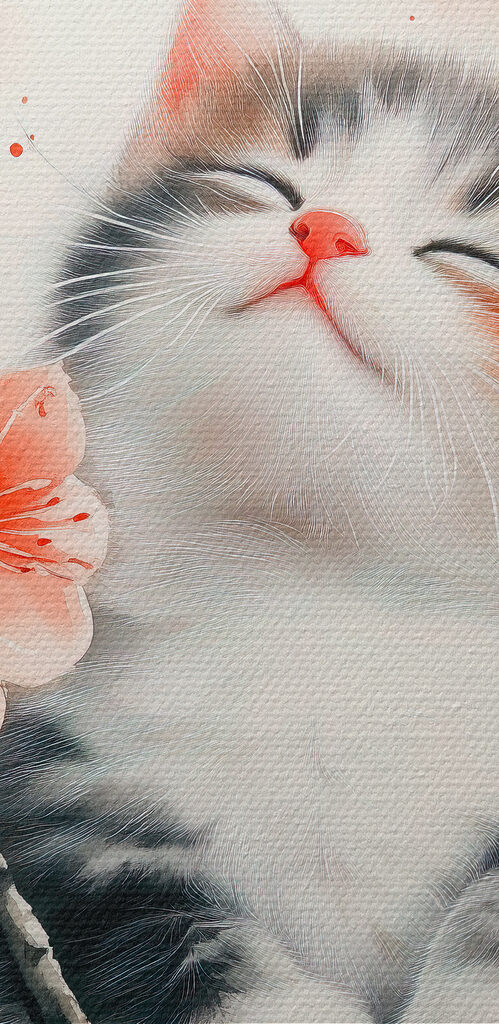 Cat sitting on a tree with flowers Cat sitting on a tree with flowers