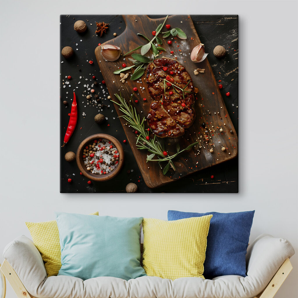 Piece of meat with spices and herbs on a cutting board