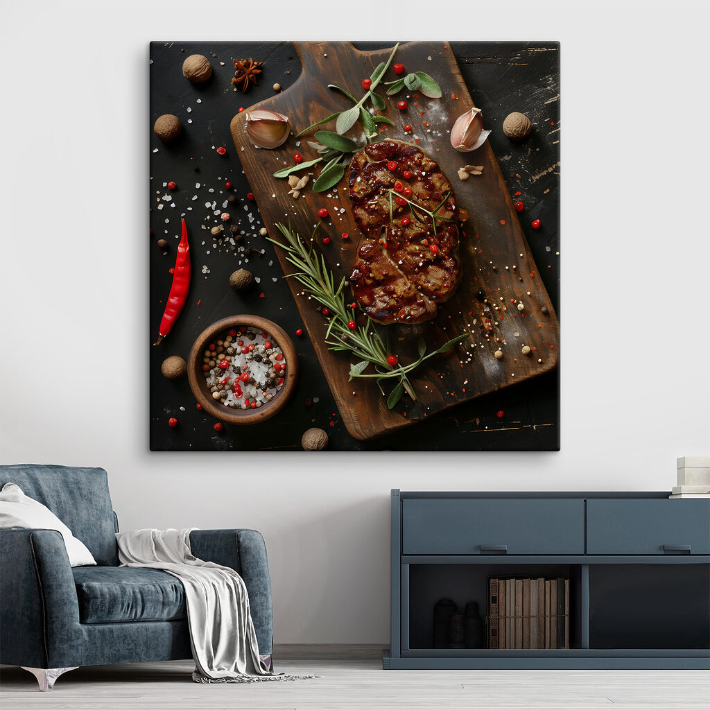 Piece of meat with spices and herbs on a cutting board