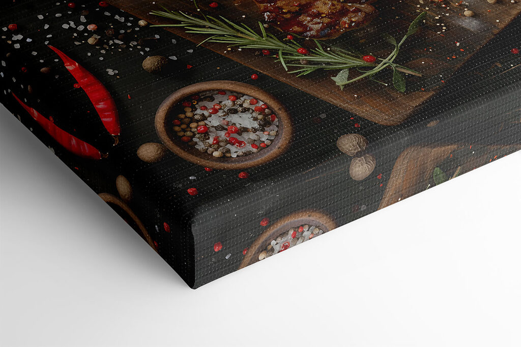 Piece of meat with spices and herbs on a cutting board