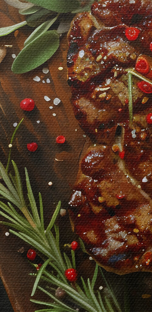 Piece of meat with spices and herbs on a cutting board