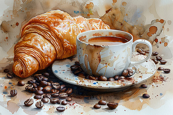 Akvarel šálky kávy a croissantu Akvarel šálky kávy a croissantu