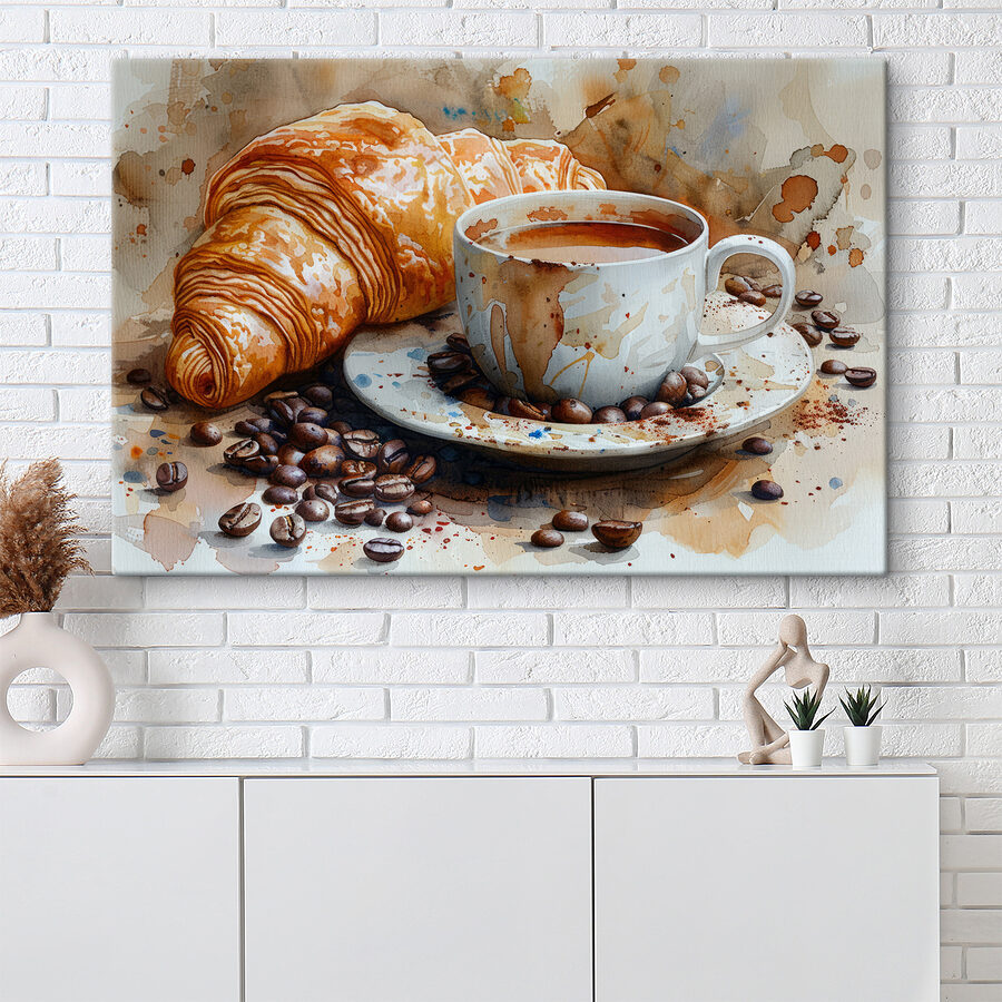 Akvarel šálky kávy a croissantu Akvarel šálky kávy a croissantu