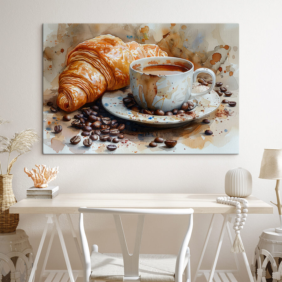 Akvarel šálky kávy a croissantu Akvarel šálky kávy a croissantu