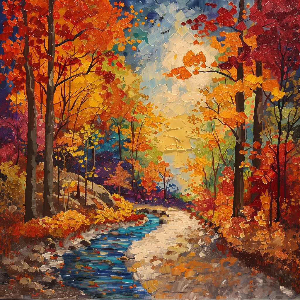 Painting of a river running through a forest Painting of a river running through a forest