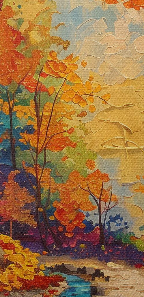 Painting of a river running through a forest Painting of a river running through a forest