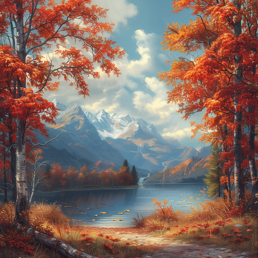 Lake with orange leaves and mountains in the background Lake with orange leaves and mountains in the background