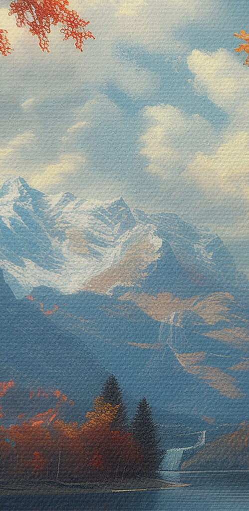 Lake with orange leaves and mountains in the background Lake with orange leaves and mountains in the background