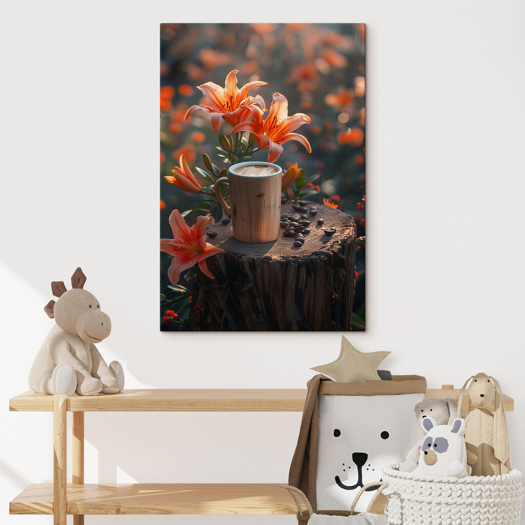 Cup of coffee on a stump with orange flowers