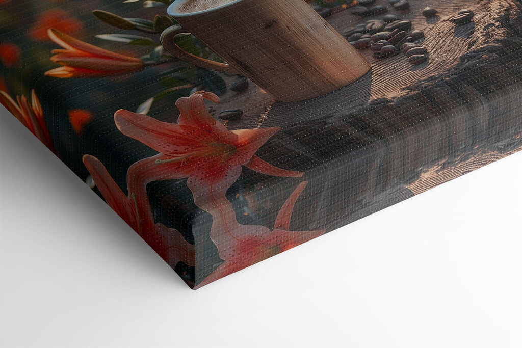 Cup of coffee on a stump with orange flowers