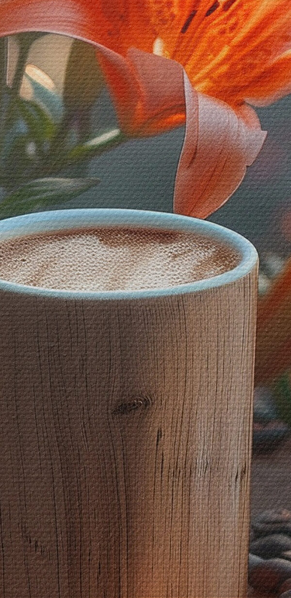 Šálka kávy na pni s oranžovými kvetmi Šálka kávy na pni s oranžovými kvetmi