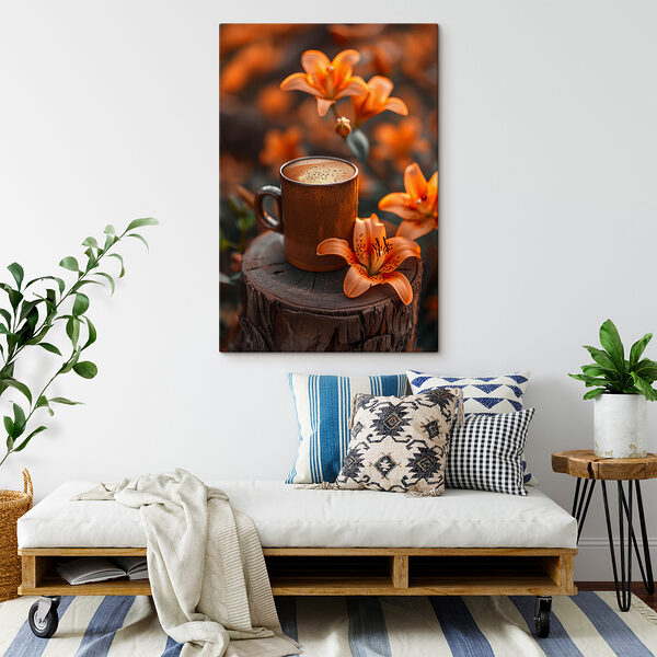 Šálka kávy a oranžové kvety Šálka kávy a oranžové kvety