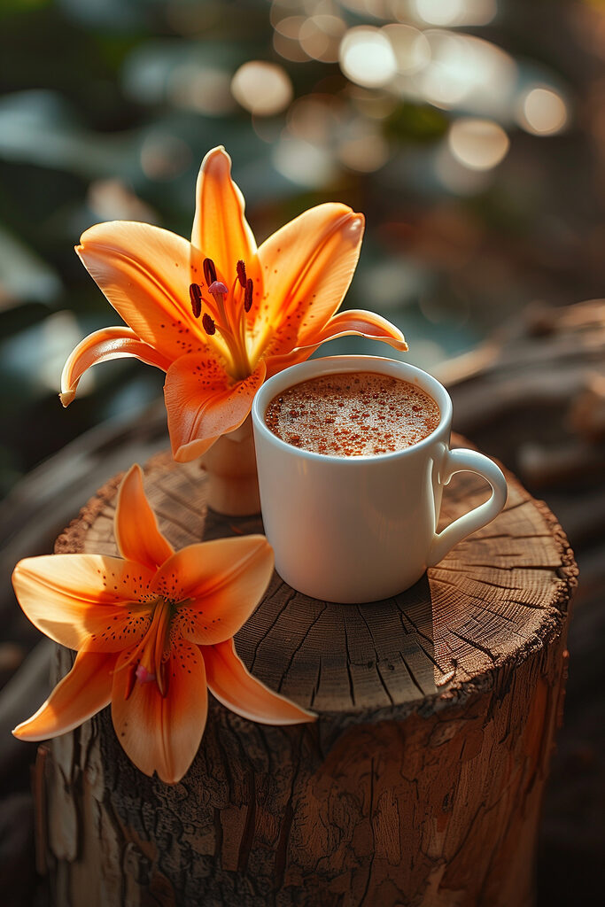 Cup of coffee and orange flowers