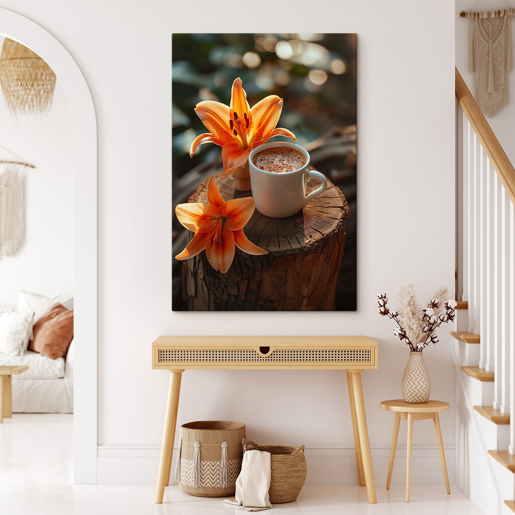 Cup of coffee and orange flowers