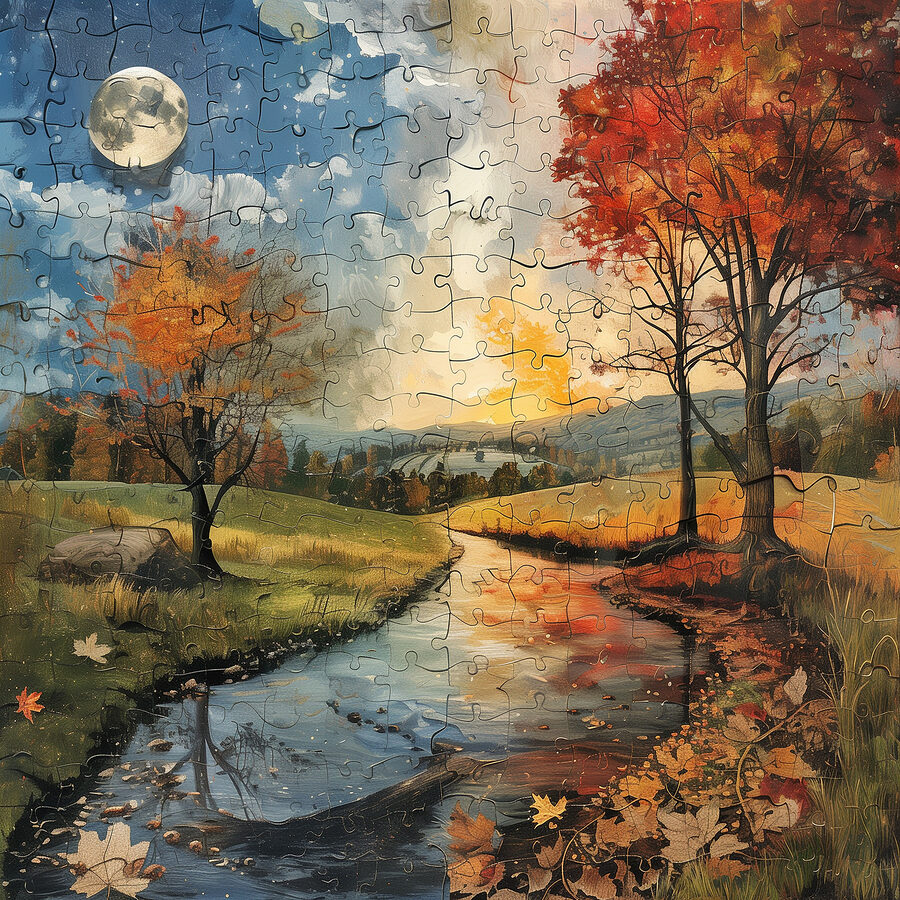 Puzzle rieky so stromami a mesiacom