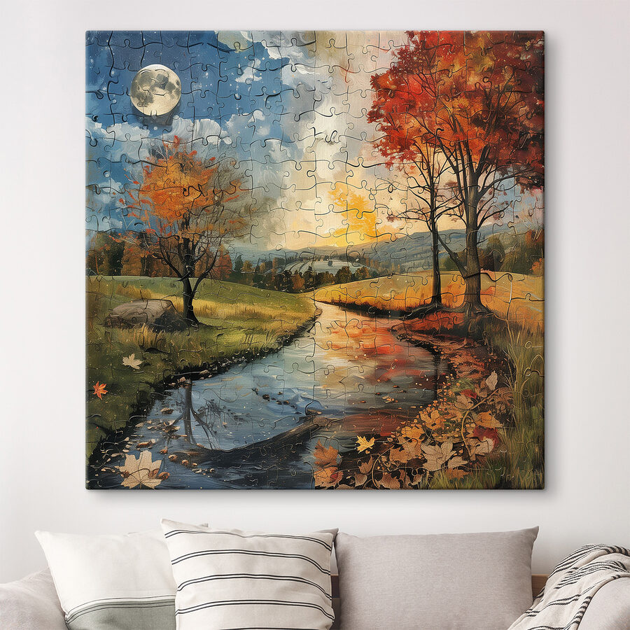 Puzzle rieky so stromami a mesiacom