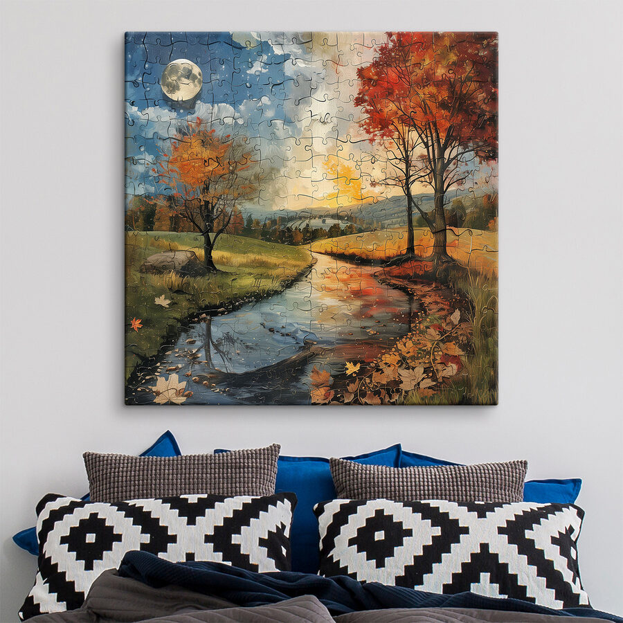 Puzzle rieky so stromami a mesiacom