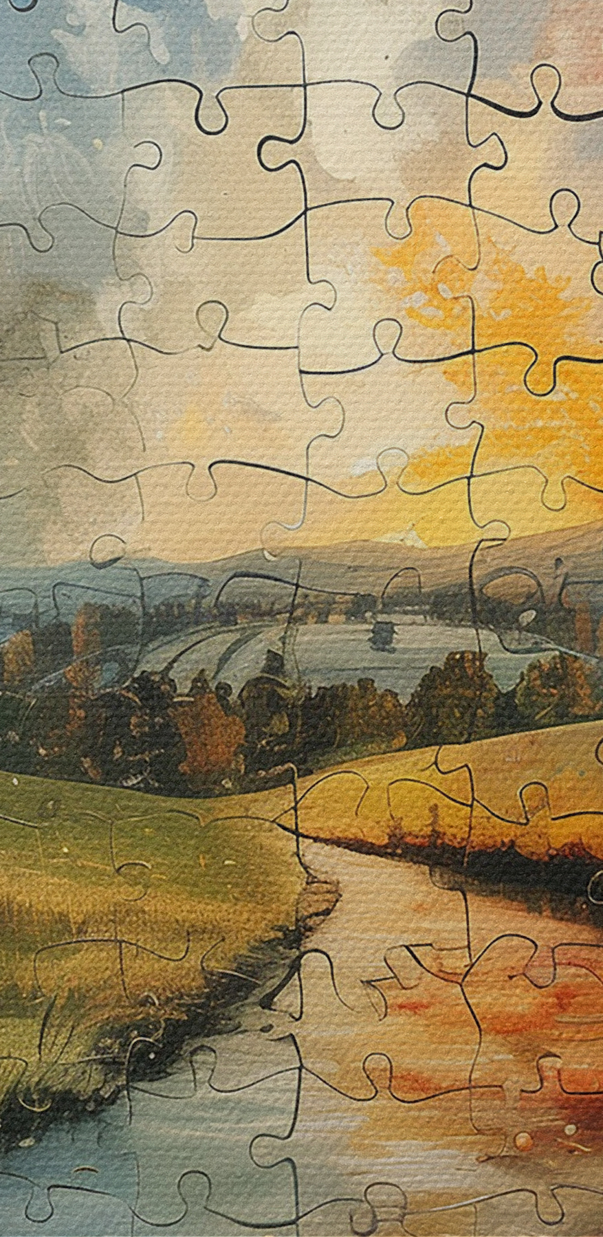 Puzzle rieky so stromami a mesiacom