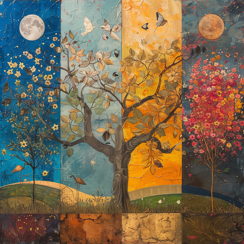 Painting of a tree with different colors of trees and birds