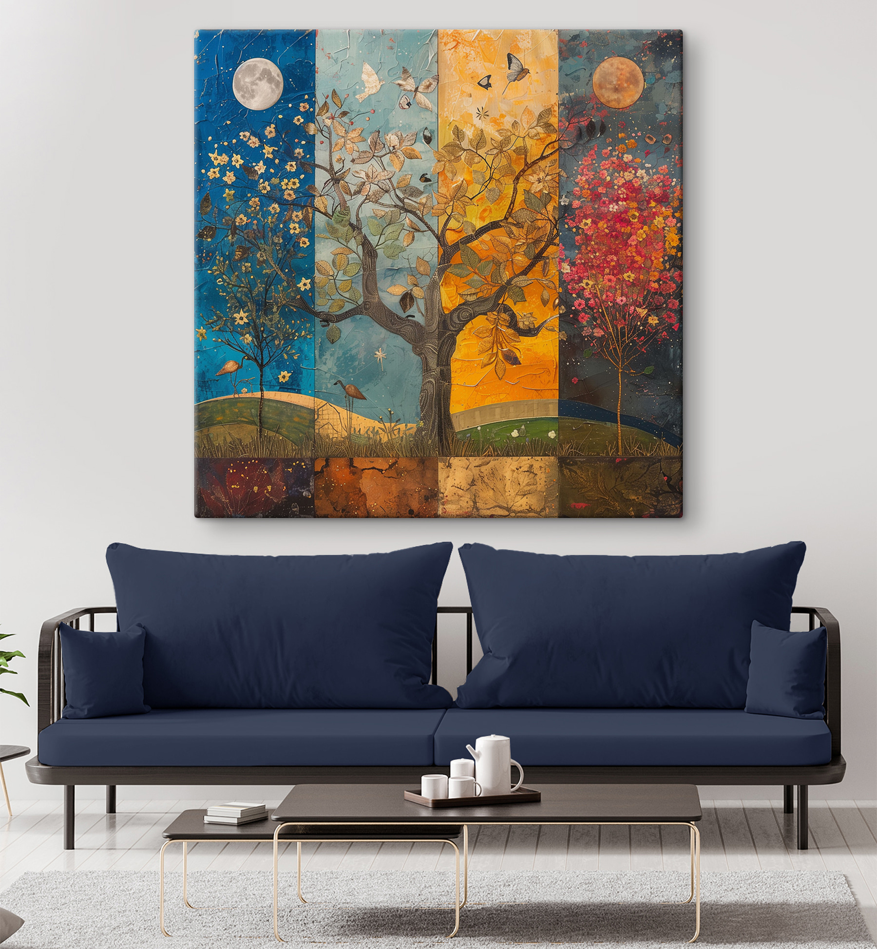 Painting of a tree with different colors of trees and birds Painting of a tree with different colors of trees and birds