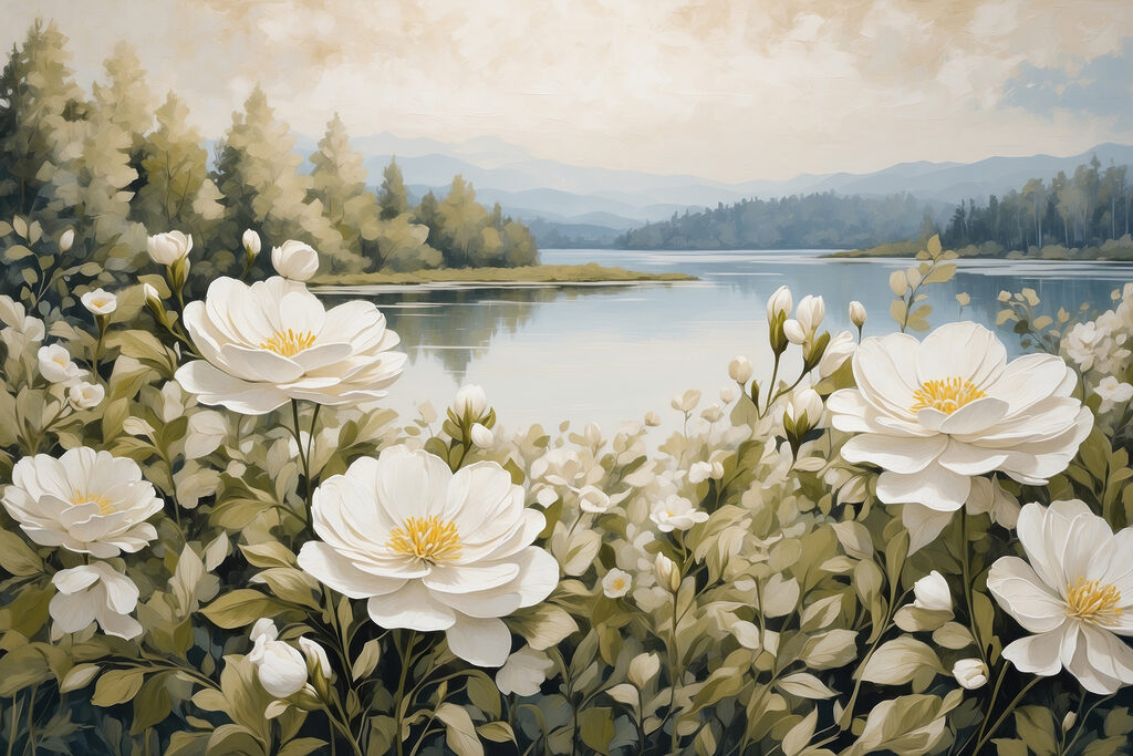 Painting of flowers by a lake Painting of flowers by a lake
