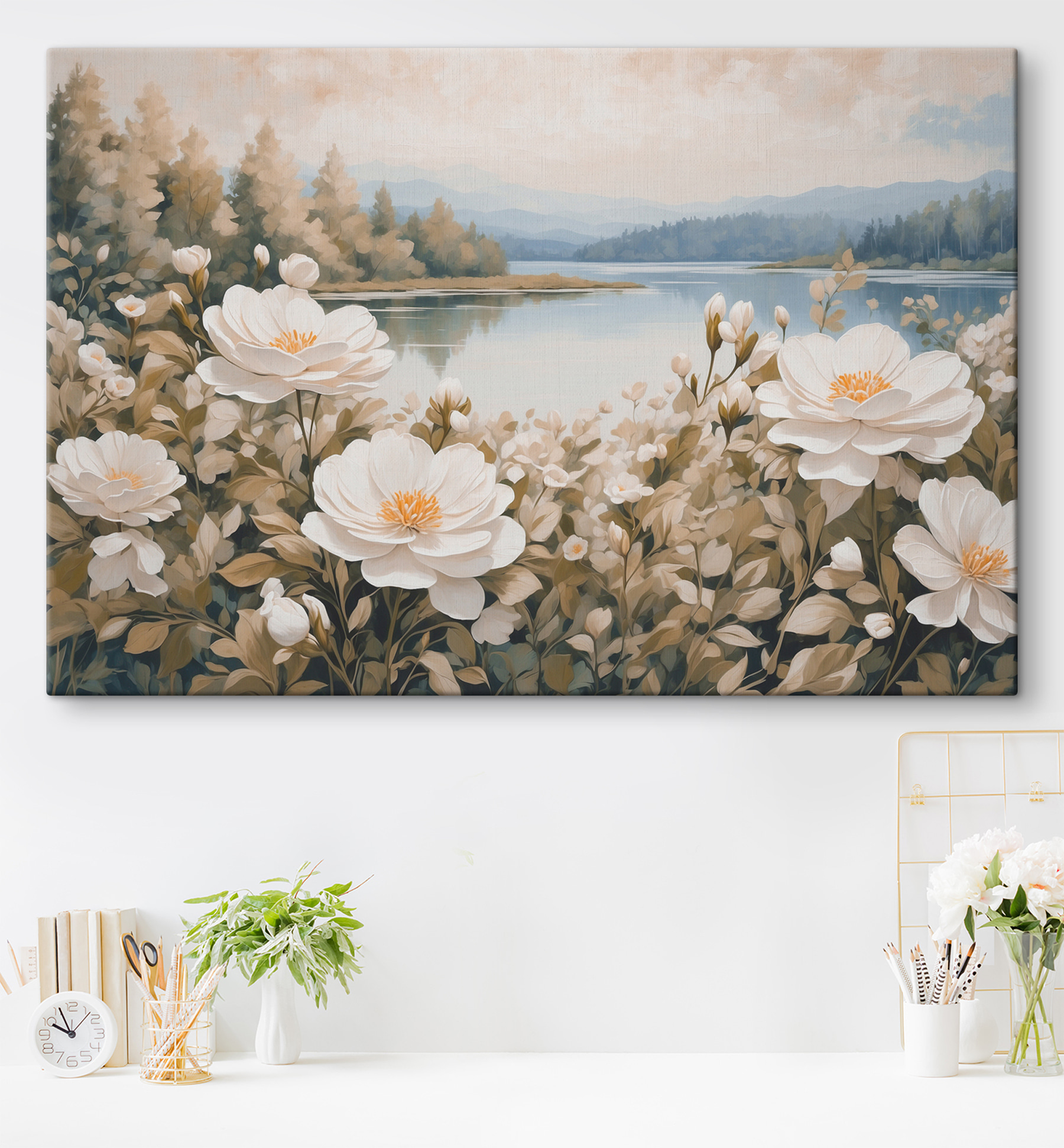 Painting of flowers by a lake Painting of flowers by a lake