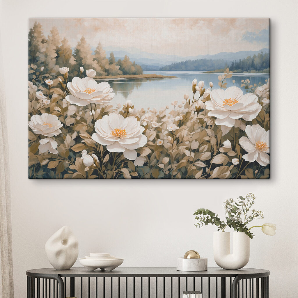Painting of flowers by a lake Painting of flowers by a lake