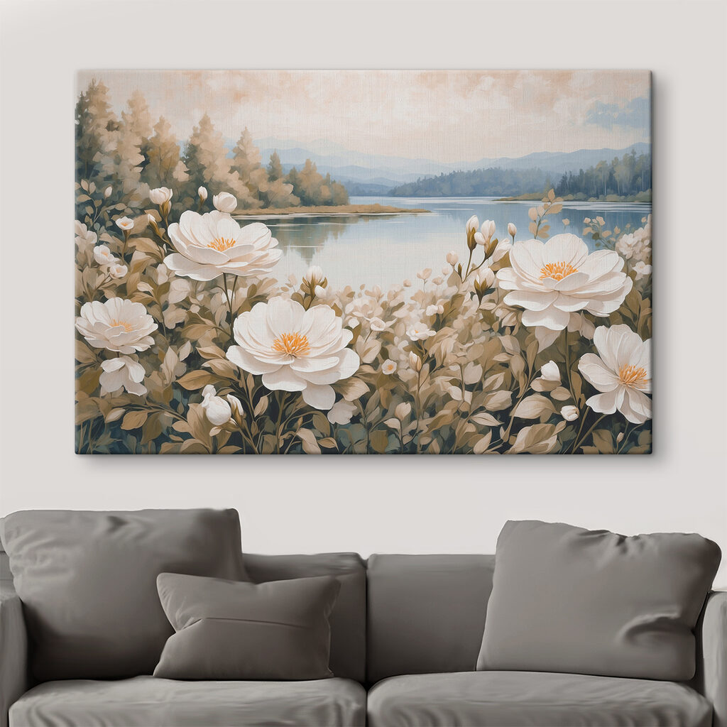 Painting of flowers by a lake Painting of flowers by a lake