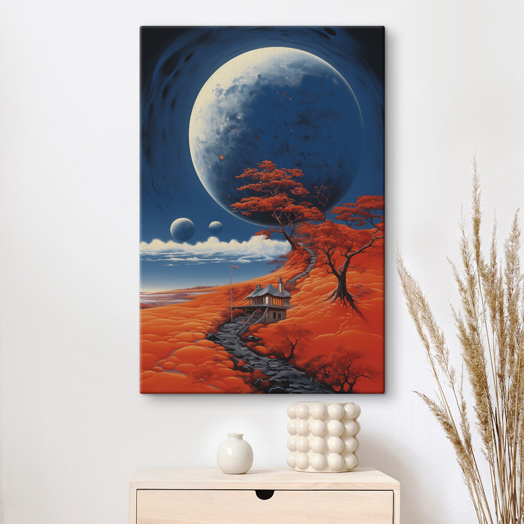 House on a hill with orange trees and a large moon House on a hill with orange trees and a large moon