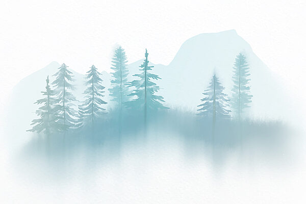 Hmlistá krajina so stromami a horami Hmlistá krajina so stromami a horami