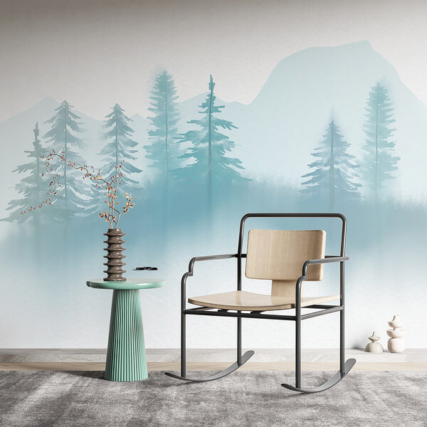 Hmlistá krajina so stromami a horami Hmlistá krajina so stromami a horami