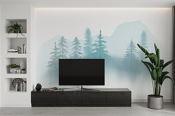 Hmlistá krajina so stromami a horami Hmlistá krajina so stromami a horami